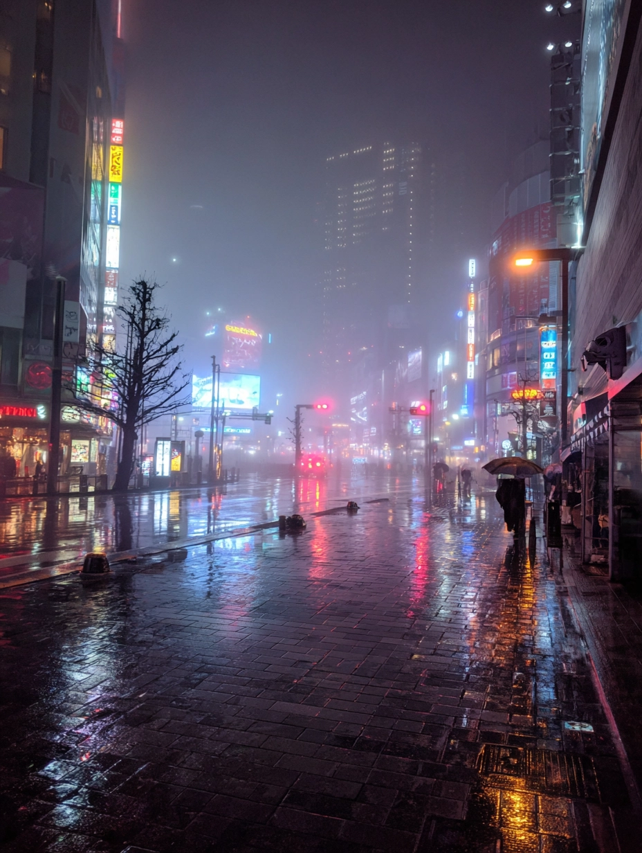 Midjourney v7 AI 生圖實測 霧氣瀰漫的東京新宿街頭