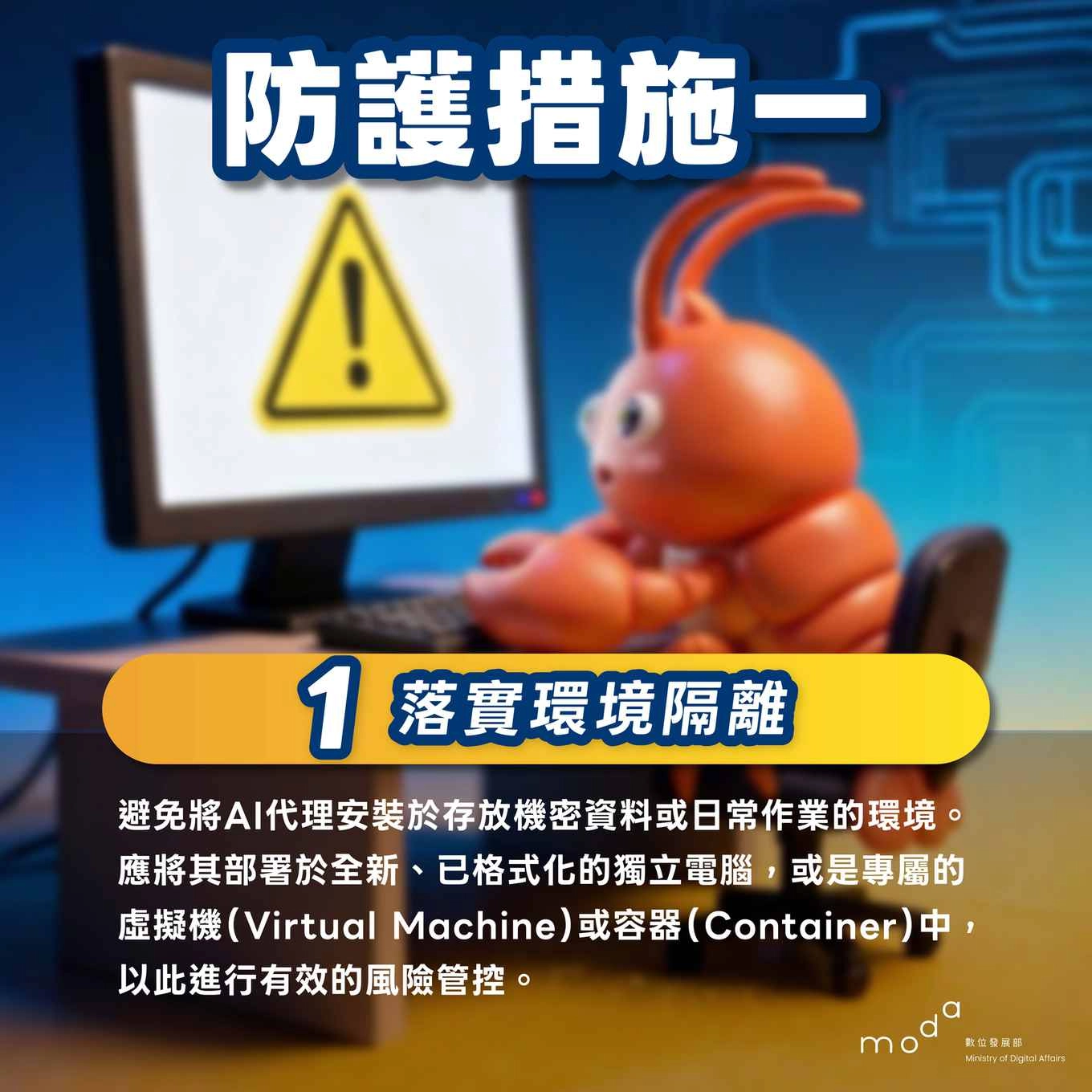 數位發展部資安署防護措施圖卡:落實環境隔離,避免把 AI 代理裝在存放機密資料的環境