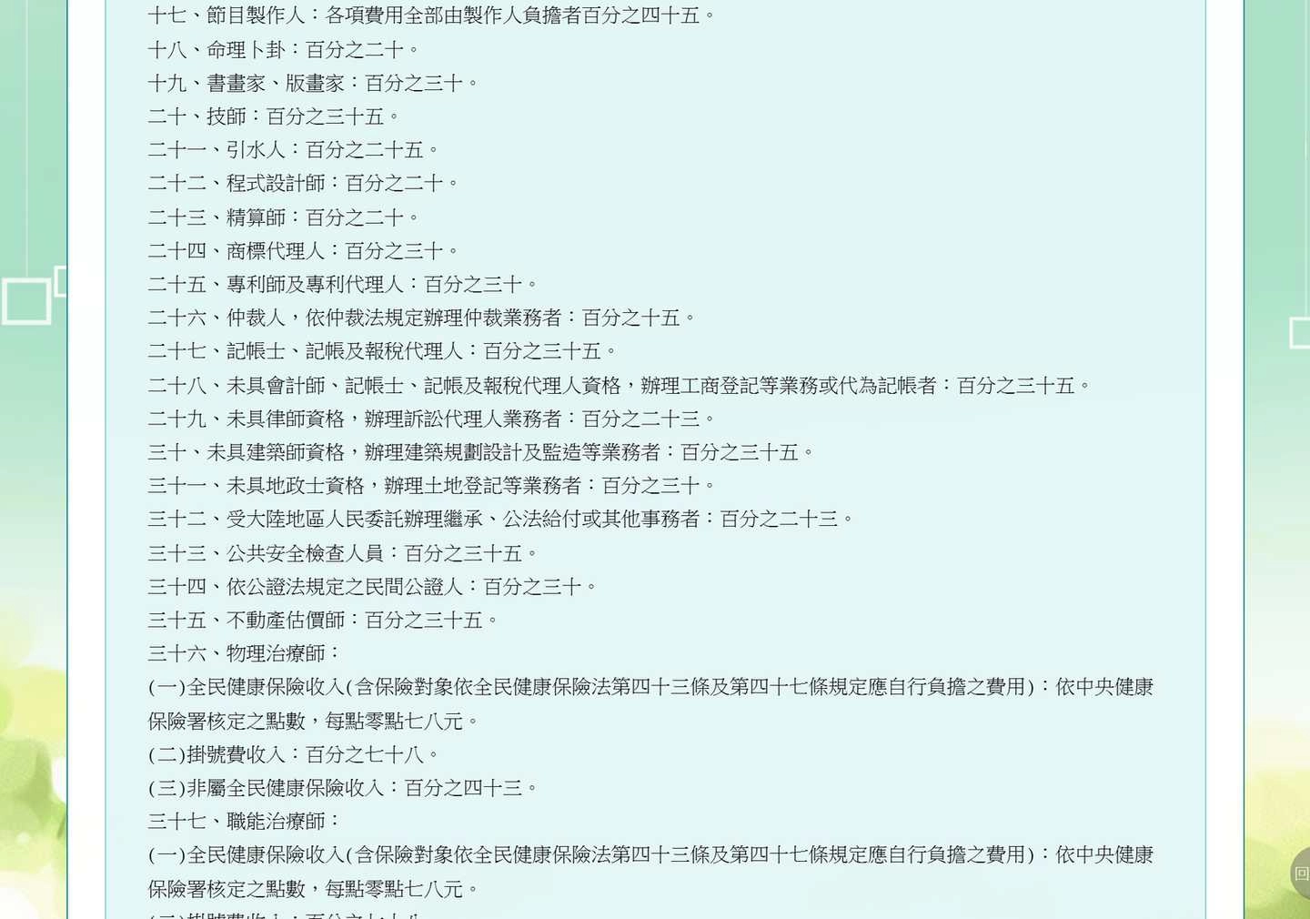 財政部一百十四年度執行業務者費用標準原文,第二十二點程式設計師百分之二十