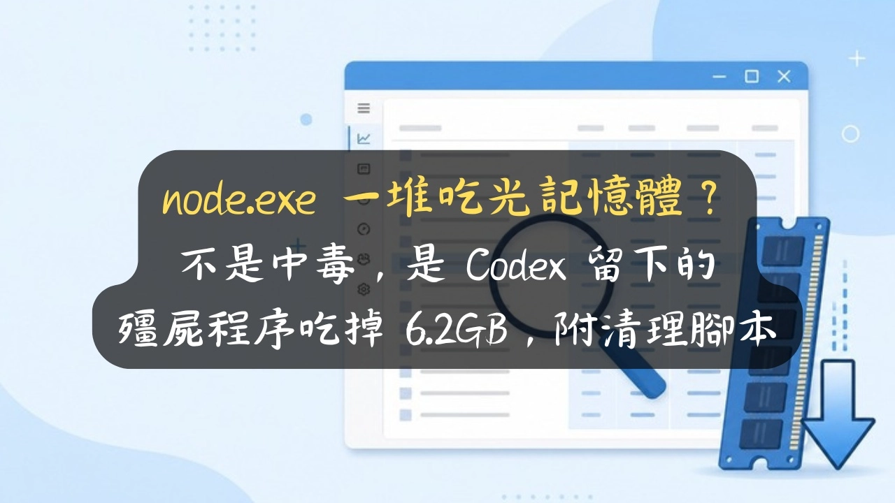 node.exe 一堆吃光記憶體？不是中毒，是 Codex 留下的殭屍程序吃掉 6.2GB，附清理腳本