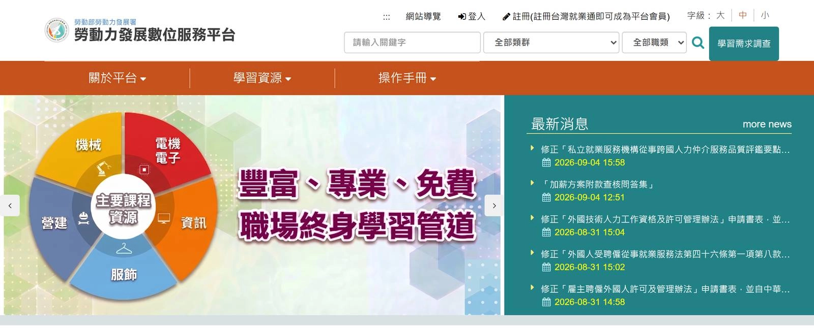 勞動部勞動力發展數位服務平台首頁：免費職場終身學習管道，註冊台灣就業通即可成為會員