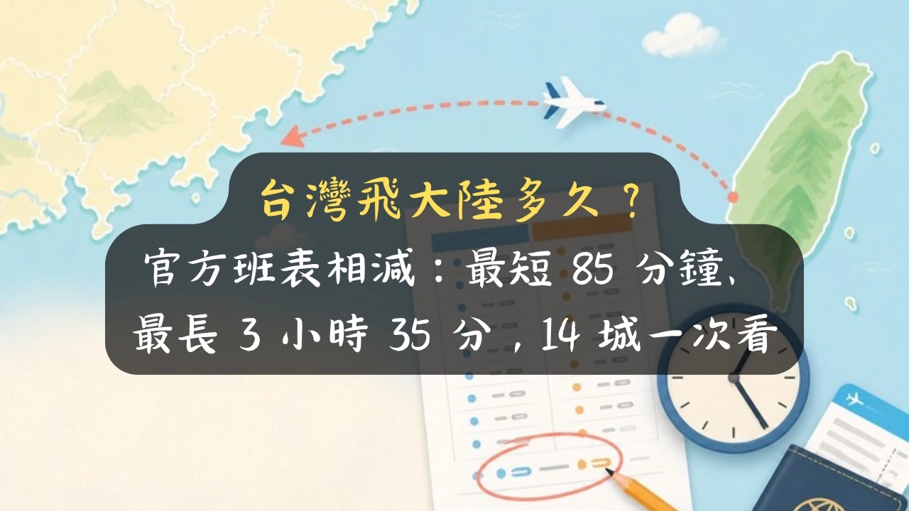 台灣飛大陸多久？官方班表相減：最短 85 分鐘、最長 3 小時 35 分，14 城一次看