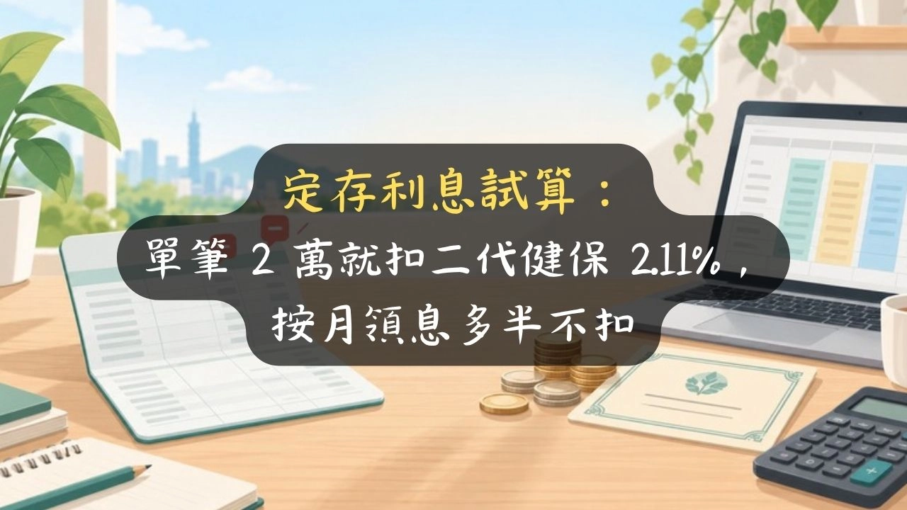定存利息試算：單筆 2 萬就扣二代健保 2.11%，按月領息多半不扣