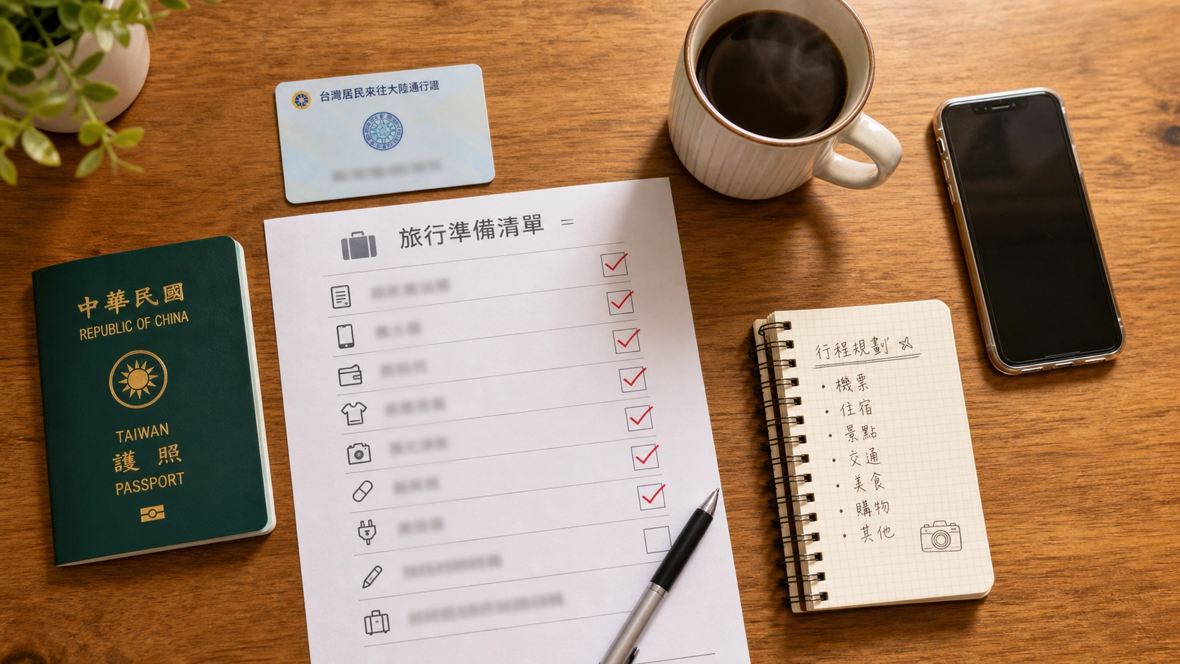 大陸自由行行前 Checklist 準備文件物品平鋪拍圖