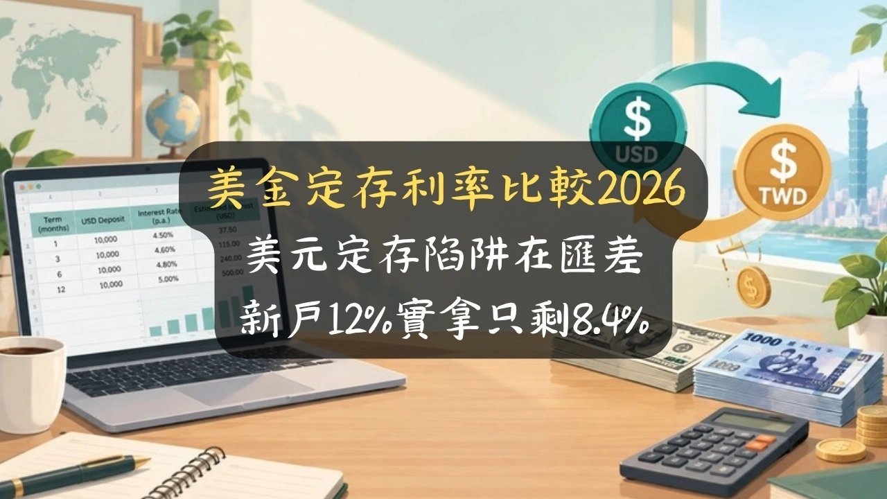 美金定存利率比較2026：美元定存陷阱在匯差，新戶12%實拿只剩8.4%